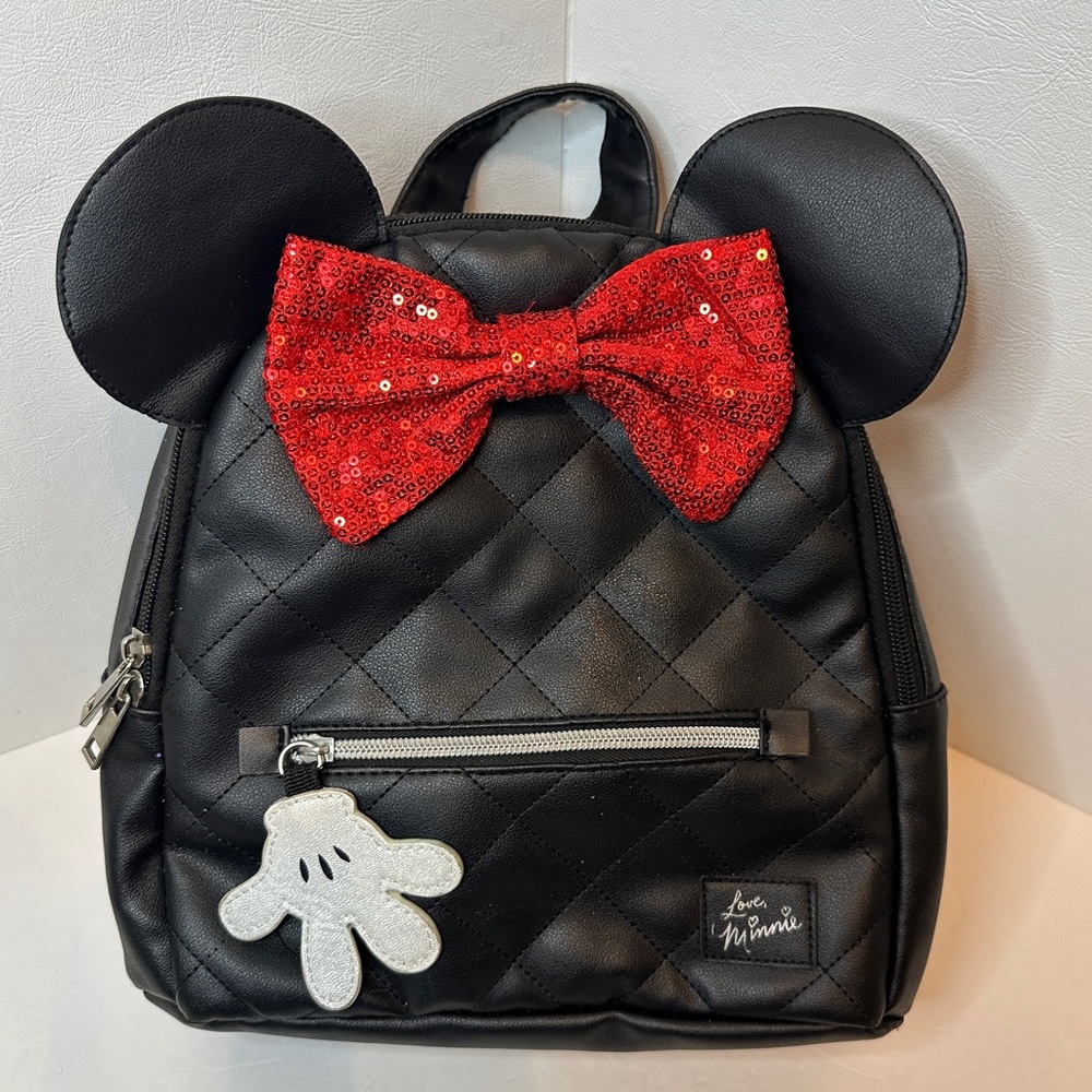 Disney Minnie Mouse Black Quilted Backpack 
W/ Ear Accents & Red Sequined Bow